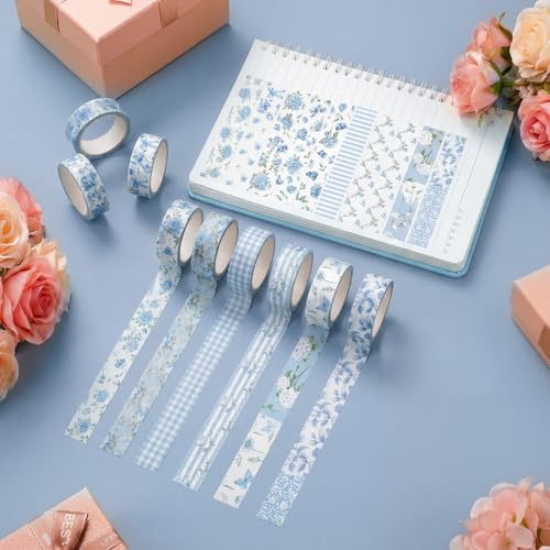 12 Rolls Watercolor Floral Washi Tape Set 15 mm Vintage Flower Decorative Masking Tape for Summer School Arts DIY Craft Scrapbook Journal Supplies Gifts(Blue,Rose) - color: Blue, style: Rose