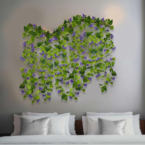 CISDUEO 2 Pcs Artificial Vines Silk Morning Glory Vines for Outdoor 15Feet Purple Hanging Plants Garland Fake Green Plant Morning Glories for Home Decor Wall Fence Stairway Wedding Hanging Baskets - color: Purple 2