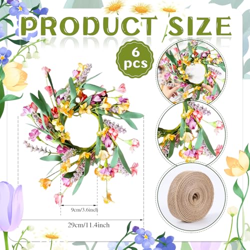 6 Pcs Mini Yellow Flowers Hanging Wreaths for Cabinets Artificial Spring Small Candle Ring Wreaths with Pink Floral and Purple Lavender for for Home Kitchen Front Door Window Farmhouse Porch Wall - color: Colorful Forsythia