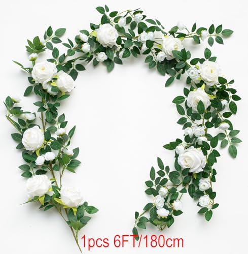 2 PCS 12FT Bendable Flower Garland, Artificial Rose Vine Hanging Floral Garland Decoration for Weding Home Room Wall Decor (White, 2pcs) - color: White, size: 2pcs