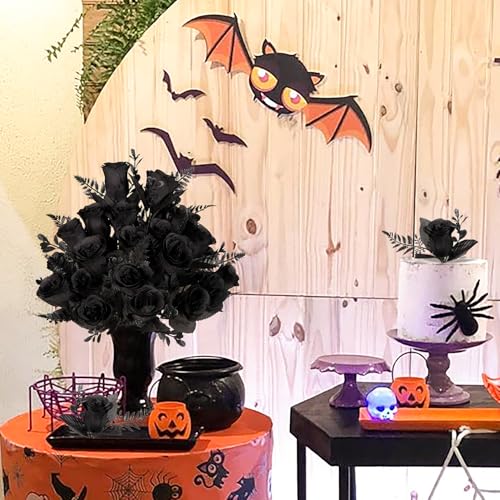 XONOR Artificial Rose Flowers - 4 Bouquets Realistic Fake Black Silk Roses for Halloween Party Fall Harvest Festival Home Centerpieces Decoration (Pack of 4, Black) - color: Black