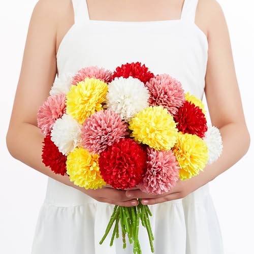 SITUMEIZI 12 Pcs Artificial Chrysanthemums Flowers Colorful Ball Flower Fake Mums Silk for Wedding Home Kitchen Decoration Floral Arrangement(Pink,Red,Orange,White) - color: Pink,red,yellow & White, size: 12 Pieces
