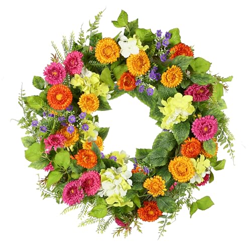 YNYLCHMX 20" Spring Summer Wreaths for Front Door, Artificial Floral Wreath with Daisy Flowers Green Tea Leaves, Green Foliage Wreath for Wall Window Farmhouse Party Holiday Home Decor - color: Colorful Daisies
