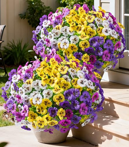Ivydale 20PCS Artificial Fake Pansy Flowers for Outdoors Spring Sumer Decor, Faux Silk Pansies UV Resistant Plants for Front Door Porch Yard Patio Window Box Home Decor (Fuchsia Purple Yellow White) - color: Purple Yellow White Fuchsia
