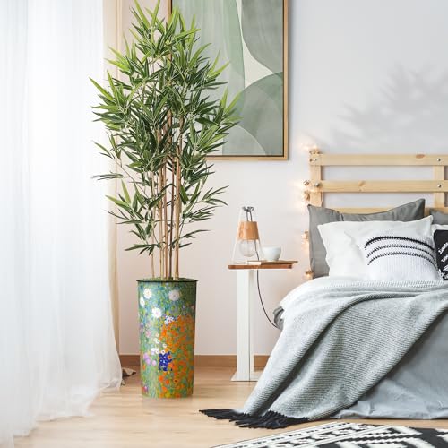 Artificial Tree in Colorful Flower Pattern Planter, Fake Bamboo Silk Tree for Indoor and Outdoor Home Decoration - 70" Overall Tall (Plant Pot Plus Tree) - style: Bamboo