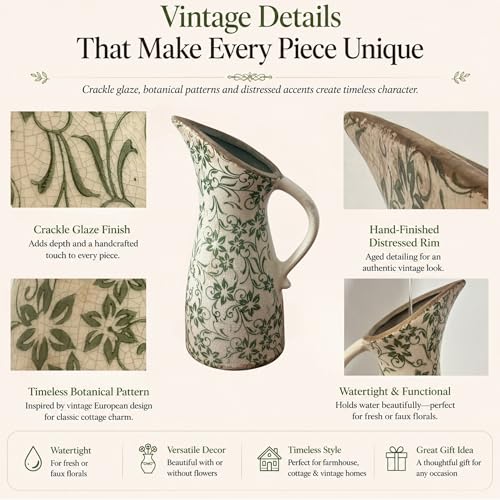 10" Farmhouse Pitcher Vase – Tuscan Green Scroll Ceramic Vase with Handle, Vintage Floral Decorative Jug for Kitchen Counter, Table, Mantel Decor - size: Tall – Pitcher Vase
