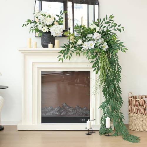 mizii 5 Packs 390" Artificial Vines Willows Garland Fake Vine Italian Ruscus Silk Green Leaves Faux Plants Greenery Decoration for Bedroom Room Wall Party Table Centerpieces Wedding Arch Decor - color: Willows