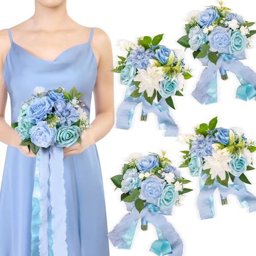 TINGE TIME 7 Inch Artificial Flowers Wedding Bouquets for Bridesmaid, Set of 4, Provence Blue Bride Tossing Bouquet for Summer Wedding Ceremony Bridal Shower Rehearsal Dinner Vintage Party - color: Provence Blue