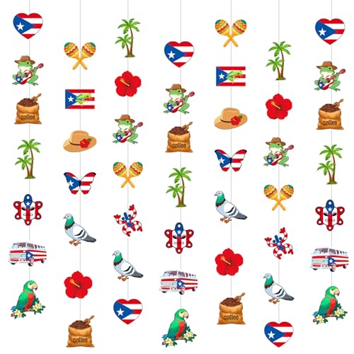 Spakon 8 Pcs Puerto Rico Garlands Puerto Rican Party Hanging Decorations Hibiscus Garlands Banners Frog Paper Cutouts for Birthday Festivals Party Ceiling Wall Decor - color: Puerto Rico