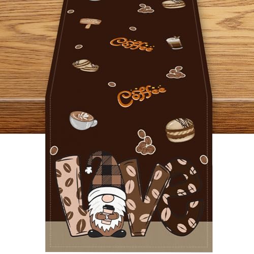 Coffee Theme Table Runner, Rustic Brown Gnome Coffee Theme Bean Cafe Cup Tea Drinks Table Center Decor for Family Outdoor Holiday Party Table Decorations, 13"x36" - color: Coffee-3, size: 13“ X 36"