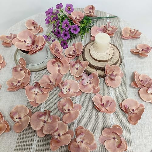 Fake Coffee Orchids Artificial Flowers Heads, 3.5''Fake Orchid Heads for Wedding Floral Bouquet Decor DIY Craft Making Bridal Shower Photography Props (80, Coffee) - color: Coffee