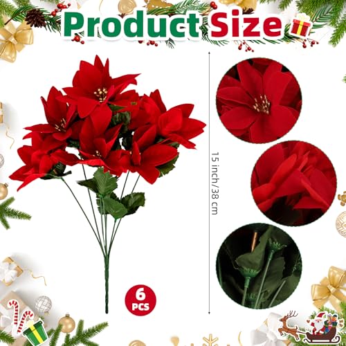 6 Pcs 15 Inch Artificial Poinsettia Bouquet, Faux Red 7 Stems Velvet Poinsettia Floral for Vases Wreaths Garland Indoor Outdoor Christmas Tree Ornament Home Porch Decorations - color: Red and White