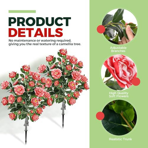Lunmon 2 Pack 3ft Artificial Camellia Plants Tree 36" Faux Camellia Flower with Spike UV Resistant Realistic Fake Floral Blooming Bush for Indoor Outdoor Front Door Porch Backyard Garden, Red White - color: Red White Bicolor, size: 3 ft