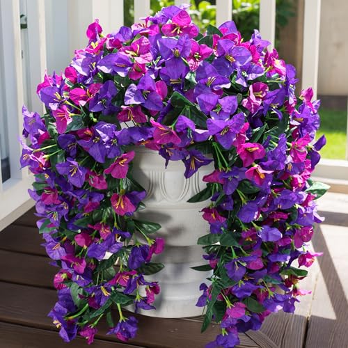 Faux Bougainvillea Artificial Flowers Plants for Outdoors Outside Decor, 2pcs Fake Flowers Silk Long Trailing Vines UV Resistant Realistic Faux Flowers for Front Door Porch Planter Balcony Yard, Mix - color: Dark Purple + Fuchsia