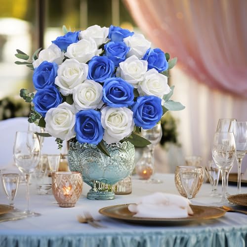20PCS Artificial Roses with Long Stems - Realistic Silk Flowers, Fake Roses Real Touch Bouquet Roses for Home Decor, Bridal Wedding Table Centerpieces, Faux Rose Flowers (White&Royal Blue) - color: White&royal Blue, size: 20 PCS