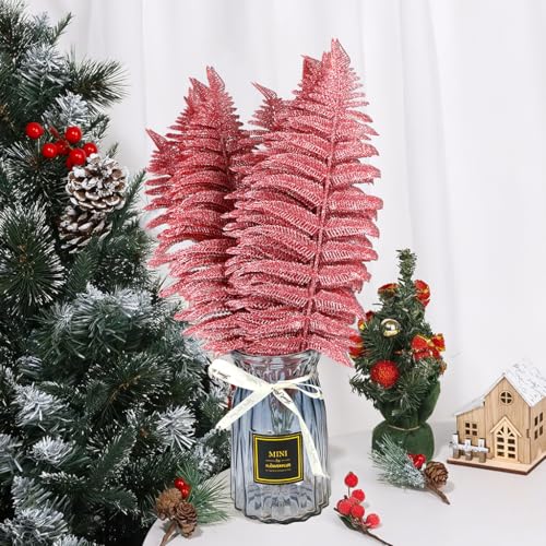 MWOOT 16 PCS Christmas Artificial Fern Bush Leaf, Pink Glitter Faux Plants Leaves for Centerpieces, Fake Christmas Tree Picks for DIY Garland Wreath Wedding Bouquet Table Home Garden Décor