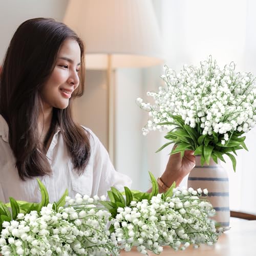 Hanaive 50 Pcs Artificial Lily of The Valley Bridesmaids Artificial Lilies 14.17 Inch Faux Lily of The Valley Flower Bulk Chimes Orchid White Bell Flower Bouquet for Wedding Arrangement Bride Party