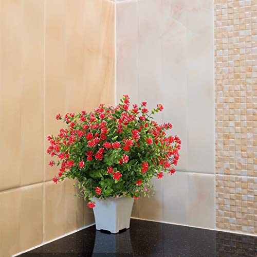 6 Bundles Artificial Flowers, Fake Artificial Greenery UV Resistant No Fade Faux Plastic Plants for Wedding Bridle Bouquet Indoor Outdoor Home Garden Kitchen Office Table Vase (Red) - color: Red