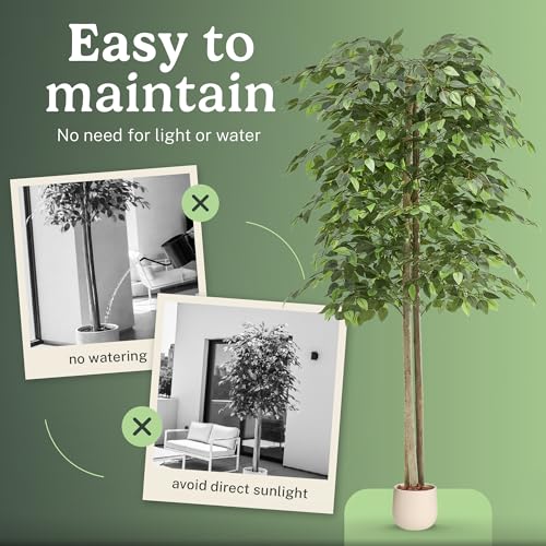 Maia Shop 2 Pack 6ft Artificial Ficus Tree Indoor - Tall Faux Plant with Natural Wood Trunk in Designer Pot with Wood Chips - Fake Plant for Home Office & Living Room Decor - color: Ficusx2, size: 6ft