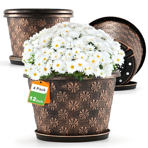 12 Inch Planter Pots for Plants, Plastic Large Flower Pots Indoor Outdoor, 4 Pack Resin Plant Pot with Drainage & Saucer, Retro Decorative Garden Pot with Removable Trays for House - color: 12 Inch