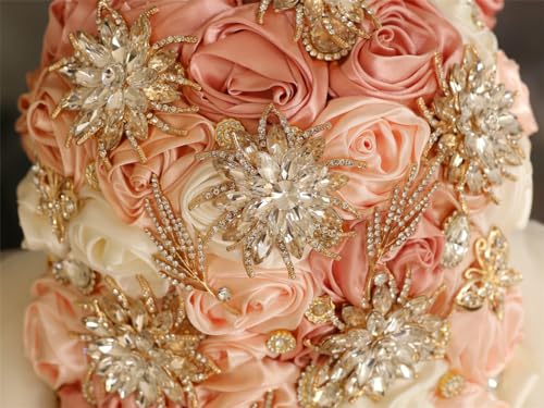 Handmade Satin Rose Water Drop Bridal Bouquet,8.7inch Crystal Wedding Round Tossing Bouquet,Jewelry Proposal Bridesmaid Bouquet Groom Corsage Bride Wrist Flower Ivory (Champagne Pink) - color: Champagne Pink