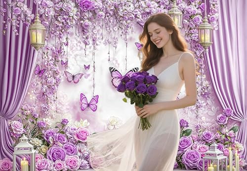 5X3ft Purple Butterfly Floral Backdrop for Photography Butterfly Flowers Theme Girls Party Decorations Background Wedding Baby Shower Tea Birthday Party Cake Table Decor Photo Booth Props - color: Multi2, size: 5x3ft