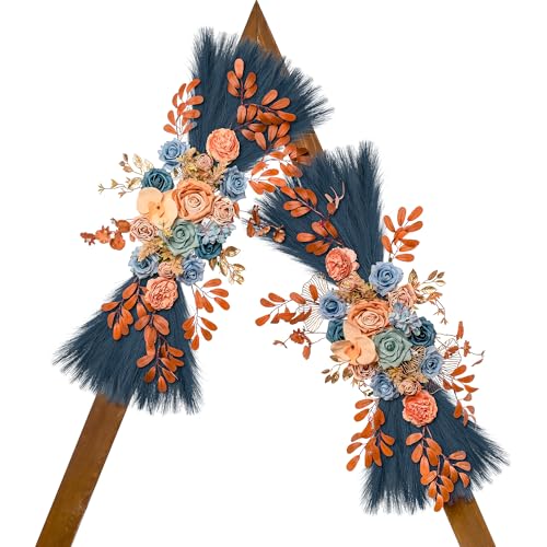 Lisuun Wedding Arch Flowers, Artificial Flowers for Decoration, Large Flower Swag for Boho Styles Wedding Ceremony Floral Decor - Pack of 2 - color: Blue Coffee Pampas