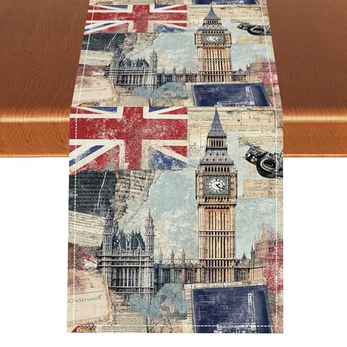 British Table Runner, Seasonal Vintage Buildings England London Culture Element Coffee Table Center Decor for Home Kitchen Dining Patio Holiday Party Table Decorations 13x36 inches - color: Tr-england07, size: 13x36" Table Runner
