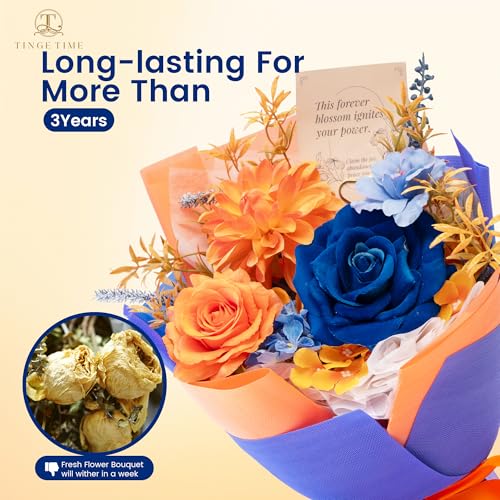 TINGE TIME Preserved Flowers Bouquet, Orange & Navy Blue Roses Gift Bouquet, Eternal Roses Bouquet for Wedding, Table Centerpieces, Mothers Day, Birthday Gifts, Anniversary, Graduation - color: Brunt Orange&Royal Blue