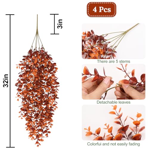 Waipfaru 4Pcs Fake Hanging Plants, Red-Brown Eucalyptus Leaves UV Resistant Fake Vines Ivy Artificial Plants Outdoor Faux Plants Indoor Bedroom Living Room Boho Wall Porch Shelf Decor - color: Red-brown Eucalyptus Vines, size: 4Pcs Plants