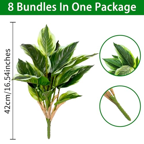 8 Pcs Artificial Hosta Plants, 16" Fake Tropical Green Plants, UV Resistant, Realistic Faux Green Leaf Stems for Home Offices Outdoor Porch Patio Balcony Garden Indoor Table Decor - color: White Edge, size: 8 Pcs