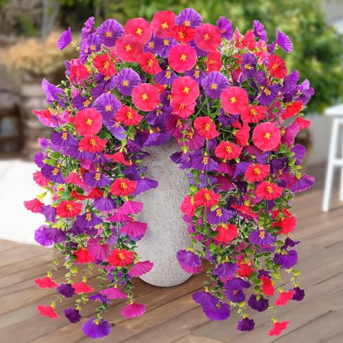 4PCS Artificial Morning Glory Vines Summer Hanging Flowers for Outdoor with Eucalyptus Leaf, Silk Flowers for Outside Home Garden Patio Decor - color: Green,fuchsia,rose Red,purple