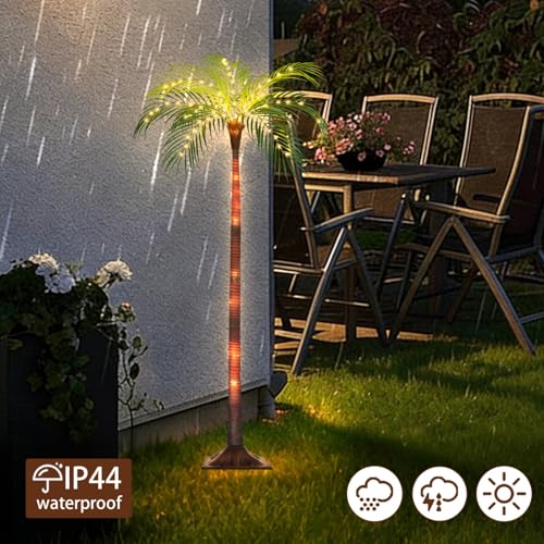 Solar Palm Tree Lights for Patio Outdoor Decoration，4.6FT Artificial Palm Tree with 110 LED Lights for Pool Tiki Bar Garden, Palm Trees with Light Up Plastic TreeTrunk and Rechargeable Remote Control