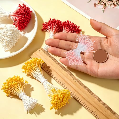 PATIKIL 3mm Double Heads Flower Stamen, 150 Pcs Artificial Flower Stamen Pistil Matt Pearl Floral Stamen for DIY Christmas Card Wedding Decoration, Orange Pink - color: Orange Pink
