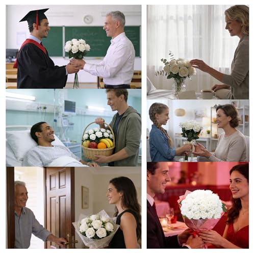 Roses Artificial Flowers, Silk Roses with Stems for Wedding Bridal Bouquets, Valentine Anniversary Mother's Day Get Well Hostess Housewarming Gifts, Indoor Outdoor Decor Party Centerpiece (12, White) - color: White