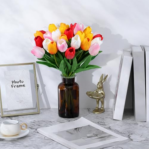 SITUMEIZI Fake Flowers Tulips Artificial Flower 15pcs Real Touch PU 14" for Spring Easter Home Kitchen Wedding Bouquet Bulk Mother's Gift Day Decorations(Assorted Colors,5) - color: White,yellow,sunset Red,red,light-pink
