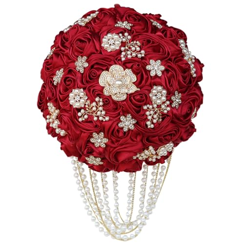Handmade Satin Rose Water Drop Bridal Bouquet,8.7inch Crystal Wedding Round Tossing Bouquet,Jewelry Proposal Bridesmaid Bouquet Groom Corsage Bride Wrist Flower Ivory (26#red) - color: 26#red