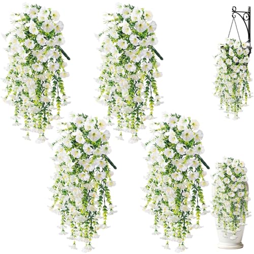Artificial Hanging Flowers for Outdoors, 4Pcs UV Resistant Artificial Hanging Morning Glory Flowers, Spring Realistic Faux Outdoor Flower for Porch Patio Yard Garden Farmhouse Decor (White - color: White