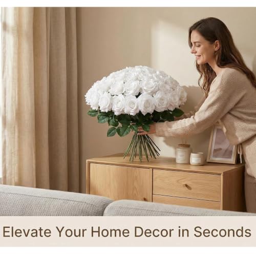 White Artificial Roses Bulk,50PCS 4in Large Fake Roses Faux Giant Flowers - color: White