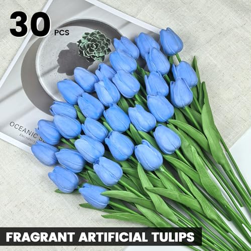 30 PCS Artificial Tulips Real Touch Tulips 13.5inch Long Stem Fake Flowers Silk Flowers for Spring Easter Mother's Day Decorations（Light Blue） - color: Light Blue