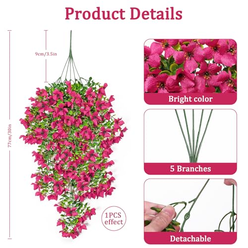 Betylifoy 2PCS Artificial Hanging Flowers Fake Hanging Plants for Outdoors Summer Decor UV Resistant Faux Silk Rose Red Violet Flowers Greenery Trailing Vines for Indoor Outside Garden Porch Decor - color: Rose Red