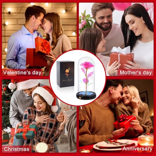 Mothers Day Flowers Gifts for Mom Women Birthday Gift, Rechargeable Galaxy Glass Rose in Glass Dome Forever Crystal Rose Flower Anniversary Mothers Day Roses Gifts for Daughter Wife Women Grandma Pink - color: Usb-d Pink
