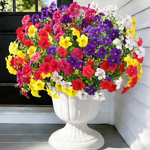 Artificial Flowers for Outdoors, 24 Bundles Mixed Color Artificial Petunias Fake Flowers for Outside, UV Resistant Realistic Silk Flowers for Decorations, Outdoor Faux Flowers Plants for Garden Porch - color: Mixed 6 Colors, size: 24 Pack