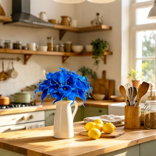 Artificial Calla Lily 12Pcs Blue Real Touch Faux Flowers for Wedding Bouquet, Bride Bridal Shower, Spring Home Kitchen Table Decor, Fake Lilies for Centerpieces, Party Decorations - color: Blue