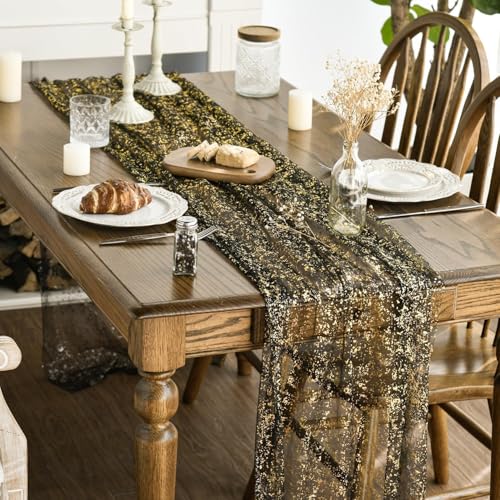 Artoid Mode Black Gold Gauze Table Runner 120 Inch 10FT, Glitter Metallic Foil Sheer Dining Wedding Anniversary Holiday Birthday Table Decor for Home Party - color: Black Gold, size: 28" x 120"