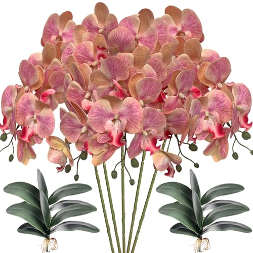 HinyoCo 5 Pcs Artificial Orchid Flowers and 4 Bundles Leaves, Artificial Phalaenopsis Flowers 32 Inch Stem Plants for Home Wedding Decoration (Pink) - color: Pink