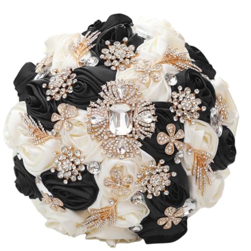 Ivory Black Wedding Bouquet Handmade with Luxury Gold Brooch Bling Rhinestone for Bride Bridesmaid Quinceanera Satin Rose Flower Bridal Bouquet Wedding Black and Ivory 7.5in - color: Black & Ivory, size: Medium (DIA. 7.5"/19cm)