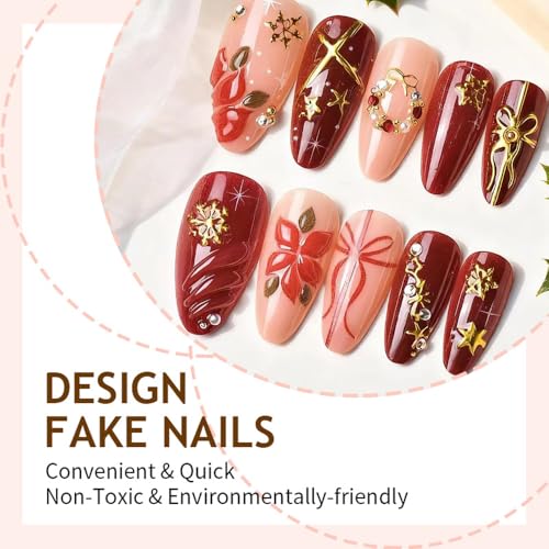 3D Handmade Press on Nails Christmas Fake Nails with Flower Star Designs Winter Xmas Acrylic Nails Red Gold Artificial Nails Gel Glue on Nails Holiday Charm Stick on Fingernails for Women Girls 24Pcs