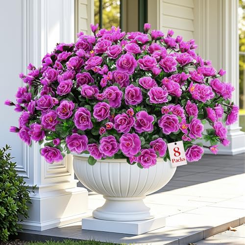 Alupssuc 8 Large Bundles Artificial Flowers for Outdoors Spring Decoration, UV Resistant Faux Flowers Silk Camellia Realistic Fake Flowers for Yard Patio Planter Porch Balcony Garden, Purple - color: Purple