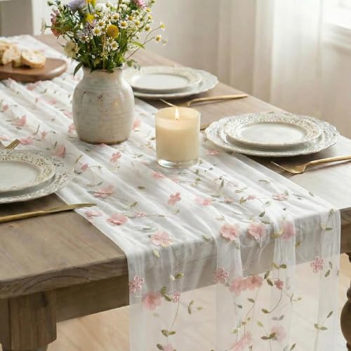 Artoid Mode Pink 3D Flower Gauze Embroidery Table Runner 120 Inch 10FT, Tulle Seasonal Spring Kitchen Dining Holiday Table Decor for Home Party - color: White-pink
